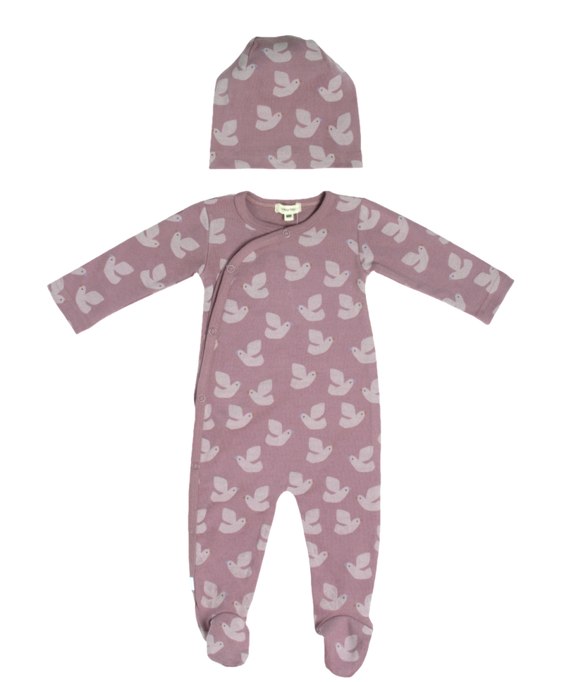 AL2897 CREW BIRD PATTERN FOOTIE + BEANIE